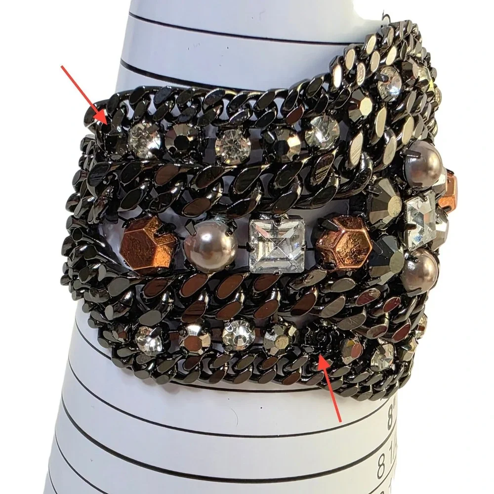Chunky Modernist Statement  Bracelet Gunmetal Rhinestone Goth Dark Academia $120